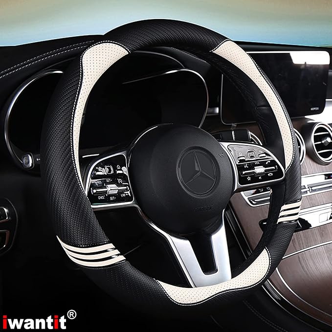 Iwantit® Cute Steering Wheel Cover for Women, Pu Leather with Anti-Slip Rubber Ring, Steering Wheel Protector for Men, Univer