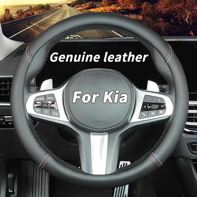Custom-Fit for Kia Steering Wheel Cover, Genuine Leather Steering Wheel Cover, Non-Slip, Breathable, for Kia Accessories (Black (red Blue line), for Kia)
