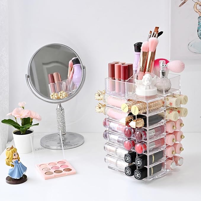 Ikee Design Lipstick Organizer with 53 Slots 360 Degree Rotating Spinning Acrylic Lip Gloss Organizer for Makeup, Lipsticks, 