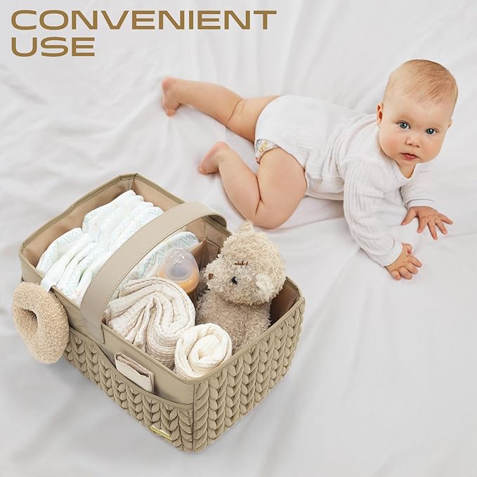 Luxurious Baby Diaper Caddy, Nursery Storage Basket for Newborn Essentials, Travel Baby Basket for Diapers Baby Wipes, Organi