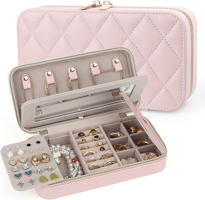 Travel Jewelry Case with Mirror, Quilted Small Jewelry Box Organizer for Women Girls, Portable Earring Necklace Bracelet Ring