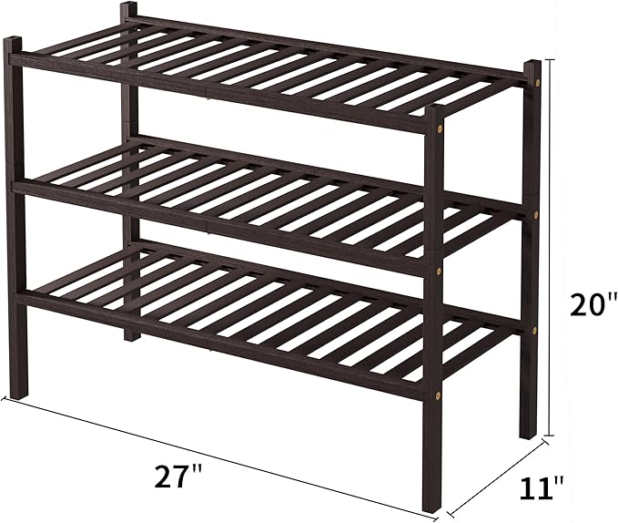 ROMGUAR CRAFT 3 Tier Bamboo Shoe Rack for Closet Free Standing Wood Shoe Shelf for Entryway Small Space Stackable 27"x11"x20"