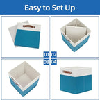 Temary Fabric Storage Bins - 12x12 Cube Baskets for Shelves & Closet with Leather Handles (White & Teal)