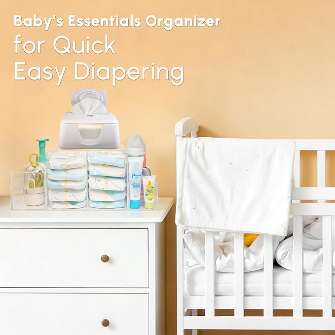 Diaper Caddy Acrylic, Baby Changing Table Organizer, Dresser Tabletop Organizer with 4 Detachable Compartments, Storage for W