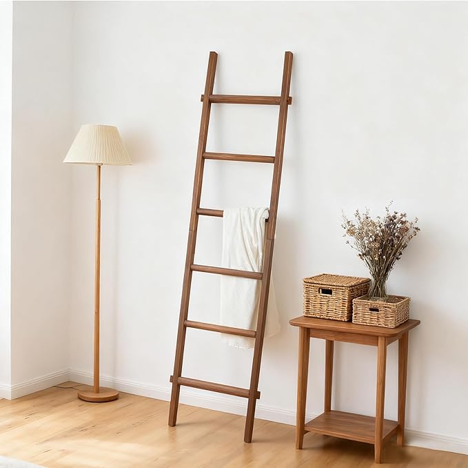 Blanket Ladder Pre Assembled 76in Wooden Ladder Shelf Living Room Bathroom Bedroom Decorative Wall Leaning Farmhouse Quilt Di