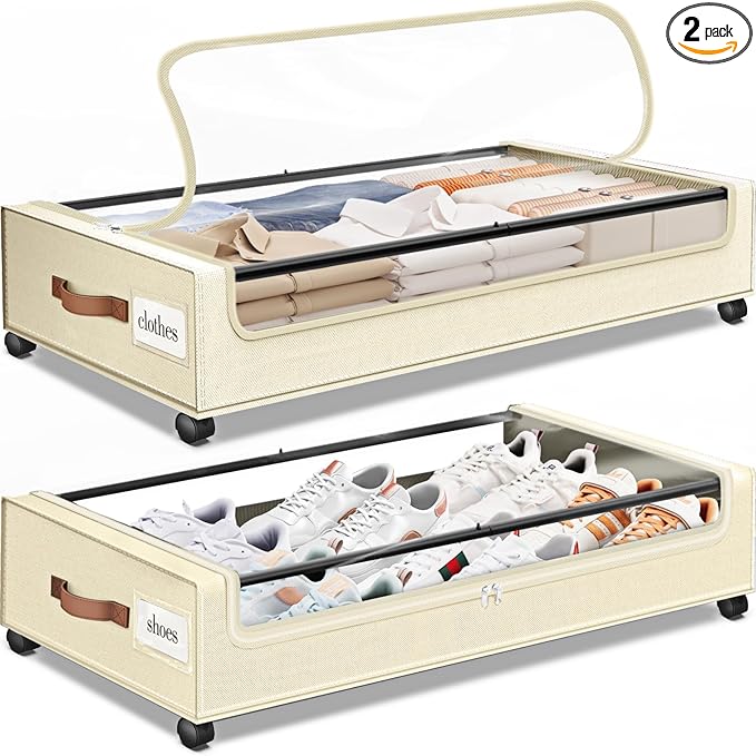 Under Bed Storage with Wheels 2Pack Underbed Storage with Clear Window&Label Under Bed Drawers Large Capacity Rolling Under B