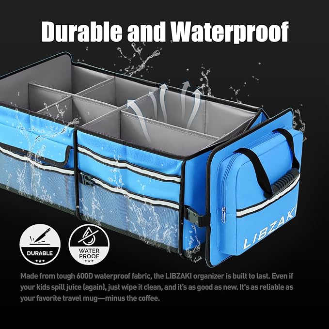 LIBZAKI Oversize 4 in 1 Car Trunk Storage Organizer, Multi Compartment Collapsible Trunk Storage Box with Cooler Bag for Car