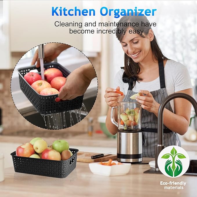 FUCDTEFC Black Plastic Basket, 8 Pack Home Organization and Storage Baskets with Handles, Space Saving Woven Organizer Bins P