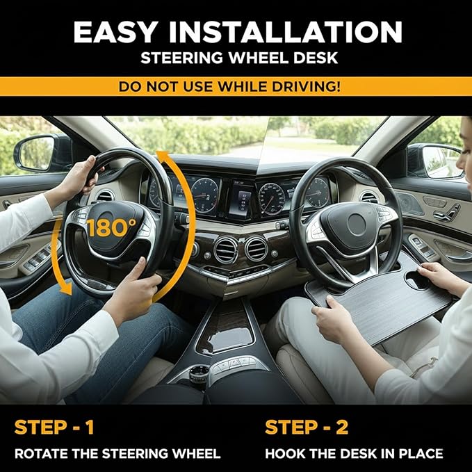 2-in-1 Steering Wheel Tray & Laptop Stand, Car Food Tray with Drink Holder, Multipurpose Car Desk Organizer for Eating Working, Travel Accessories