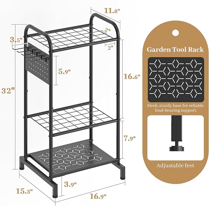 Garden Tool Organizer, Garage Tool Storage Rack, Heavy Duty Metal with Side Pegboard & Adjustable Hooks, Utility Racks for Sh
