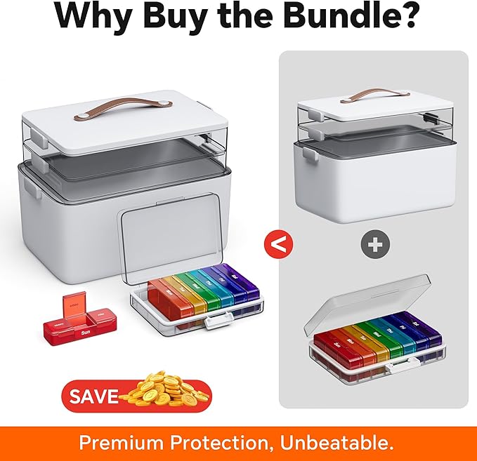 CTIME 3-Tier Medicine Organizer with Pill Case - Portable Pill Case & Empty First Aid Kit for Home, Travel, RV, School, Dorm,