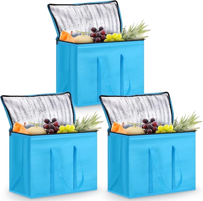 3 Pack XL-Large Insulated Reusable Grocery Bags Foldable Cooler Bag Collapsible Shopping Tote for Groceries Stands Upright Storage Bags with Zippered Top and Handles for Food Deliver(Blue)