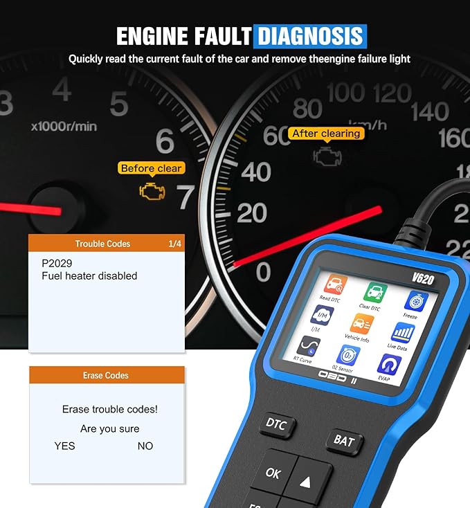 OBD2 Scanner with Upgrade Battery Tester - Diagnostic Tool for Cars that Check Engine Light & Emissions Readiness Read and