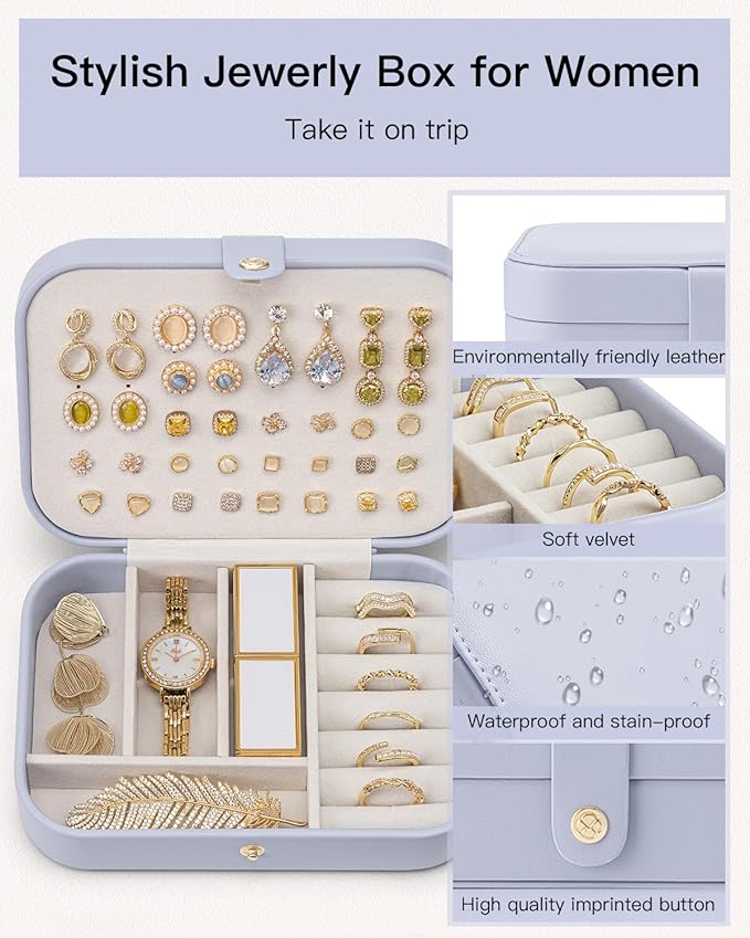 Vlando Travel Jewelry Case for Women Girls Mothers, PU Leather Portable Small Jewelry Box for Rings, Necklaces, Bracelets, Ea