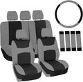 FH Group Universal Fit Gray Black Automotive Seat Covers Combo Set with Steering Wheel Cover and Seat Belt Pad fits Most Cars