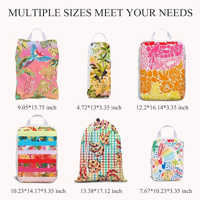 6 Pcs Compression Packing Cubes Waterproof Suitcase Travel Bag Luggage Backpack Organizer Travel Cubes for Packing-Tropical B