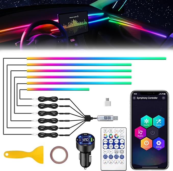 Dreamcolor Acrylic Interior Car LED Strip Light with USB/Type C/4-Port Cigarette Lighter,RGB 6 in 1 with 187 inches 650 LEDs Ambient Lighting Kits, Sound Active Function Neon Led Strips for Car