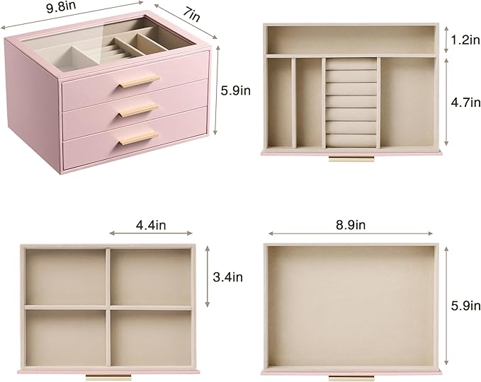 pickpiff Jewelry Box Organizer Case for Women: 3-Layer Jewelry Storage Case with Glass Window, Pink Leather with Velvet Holde