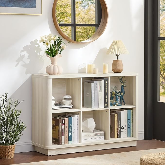 Joaxswe 6 Cube Bookcase, 40" Wide Horizontal 2-Tier Book Shelf w/Curved Edge, Wood Low Floor Standing Bookshelf with Base, Mo
