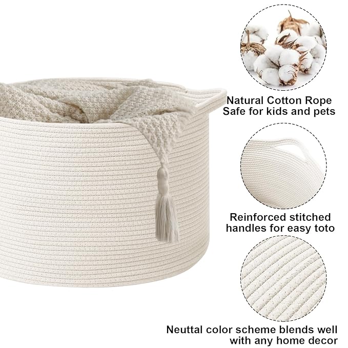 115L Extra Large Woven Cotton Rope Blanket Basket with Handles, Laundry Hamper Storage Bin for Pillows, Comforters,Clothes, T