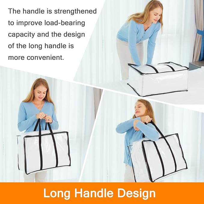 Vieshful 3 Pack Clear Storage Bags 110L Over-Sized Clothes Bags with Double Zippers Sturdy Handles Tote Moving Bags for Duvet