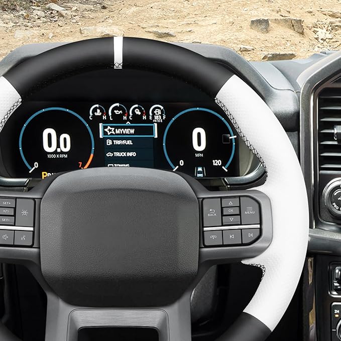 MEWANT Hand Stitch Black White Artificial Leather Steering Wheel Cover for Ford F150 Lightning F350 2024 Expedition