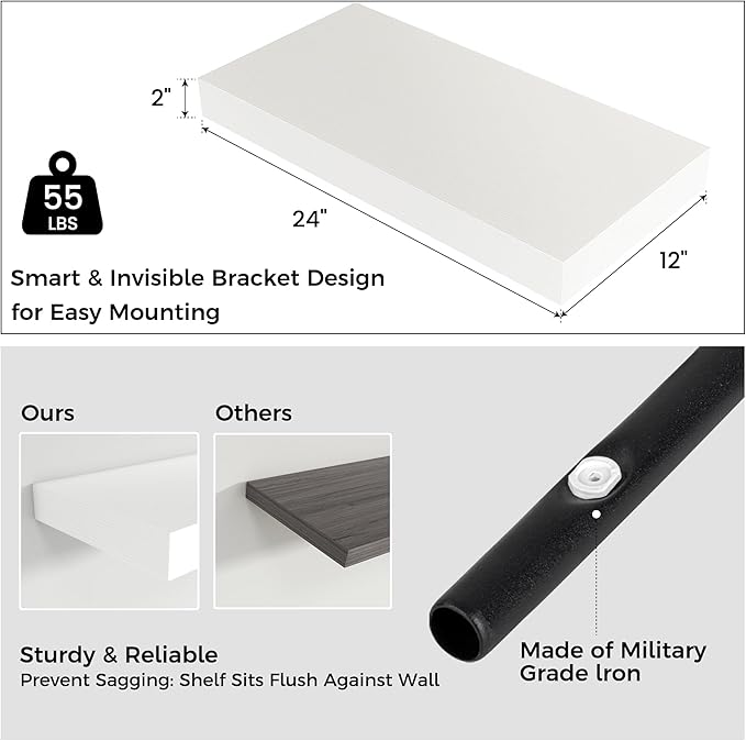 Floating Shelves for Wall, 24 Inch Wide x 12 Inch Deep Floating Shelves, Long Wood Floating Wall Shelf Shelves for Living Roo