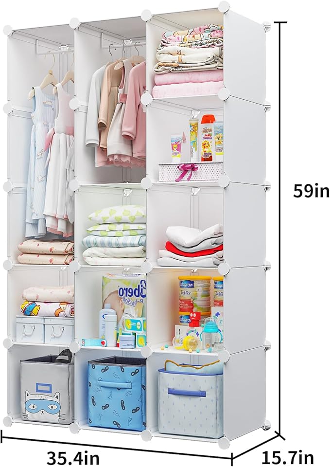 Modular Baby Wardrobe Closet, Portable Children Organizers and Storage for Nursery,15 Cubes with Hanging Rods,Multi-Functiona