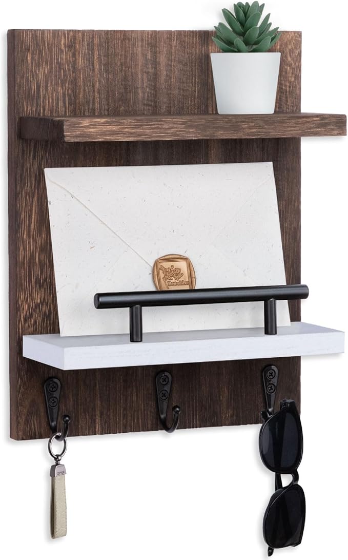 Key Holder Wall Mount, Key Holder With 2 Display Shelf, 3 Hooks for Key, Coat, Dog Leash, Key Hanger with Hook for Mail, Pott