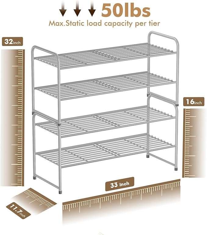 SUFAUY 2-Tier 33" Wide Shoe Rack, Closet Metal Wire, Stackable, Gray