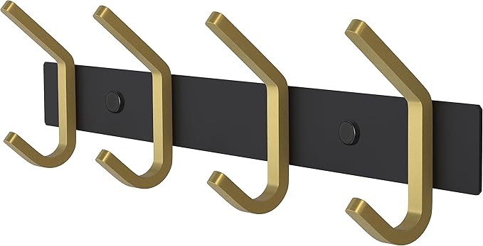 Coat Rack Wall Mount – Black and Gold Hook Rail with 4 Double Coat Hooks, 12 Inch Stainless Steel Wall Hooks for Entryway, Ba