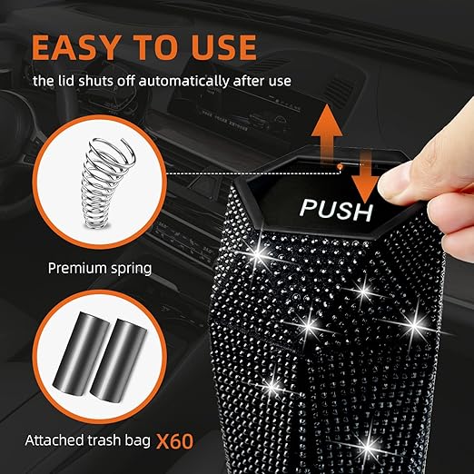 NBTEPEM 2 PCS Bling Car Trash Can with Lid, Bling Car Accessories Trash Bin, Leakproof Auto Garbage Can with 60 Trash Bags, Multipurpose Organizers and Storage for Home, Office (Black Diamond)
