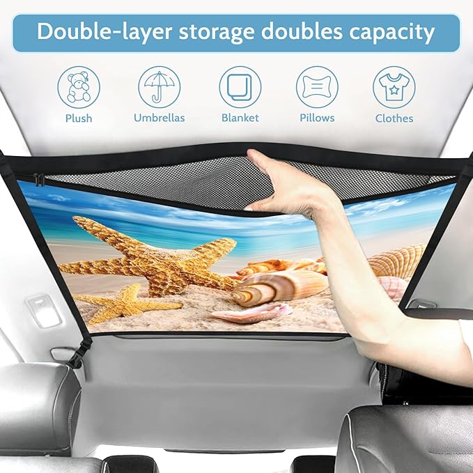 Starfish Car Storage Mesh Organizer Ceiling Cargo Net Double-Layer Adjustable Zipper Truck SUVs Travel Road Trip Essentials etc. Interior Organizer