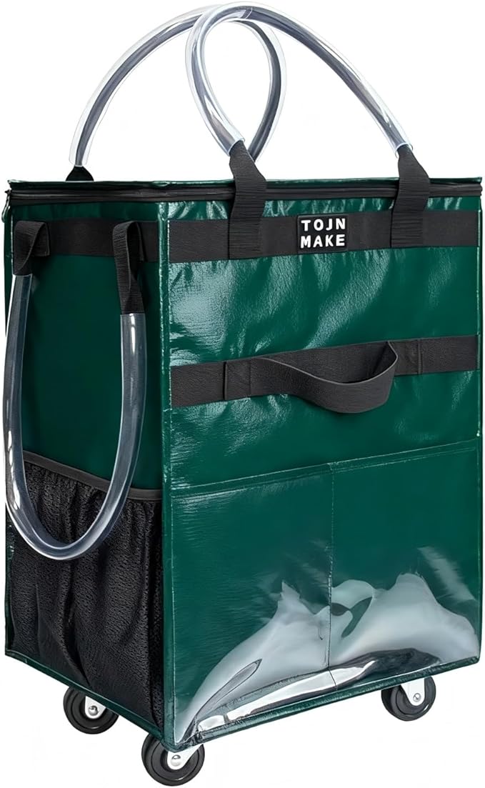 Reusable Grocery Bag On Wheels(Medium, Green), Rolling Tote Bag, Shopping Bag on Wheel, 8 Pockets and Zipper Cover for Trips, Foldable, Heavy Duty Handles, Carries Up to 66LBS