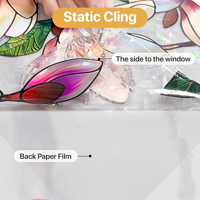 Magnolia Sunroof Stained Glass Window Film Decorative, 3D Rainbow Window Film Non-Glue Static Cling Sunroof Decal for Car Moonroof Home Glass Door Decor, 16.9" x 39.4"