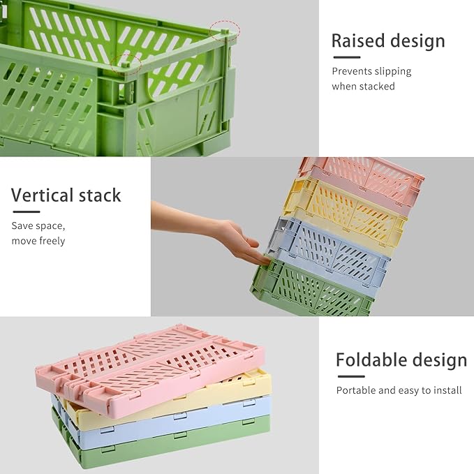 Xhwykzz 4 Pack Pastel Crates for Storage, Plastic Folding Basket, Colorful Small Storage Containers for Bedroom Office Classr