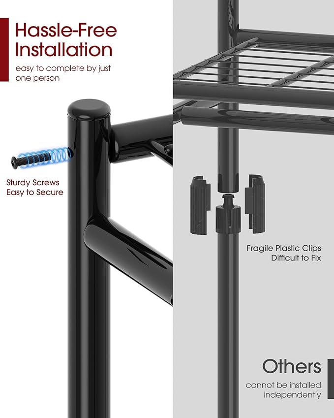 Sakugi Clothes Rack - 33.0" x 12.2" x 79.5" Clothing Rack with Shelves & Wheels, Multi-Functional Wardrobe Closet with Hooks,