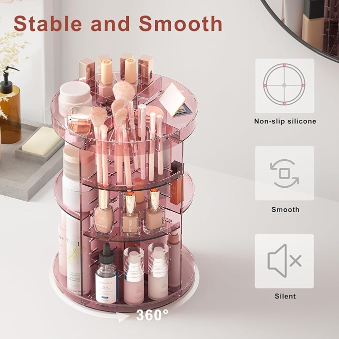 Jiavarry 360 Rotating Makeup Organizer with Lipstick Slots, 8 Adjustable Layers Spinning Skincare Organizers, Large Capacity 