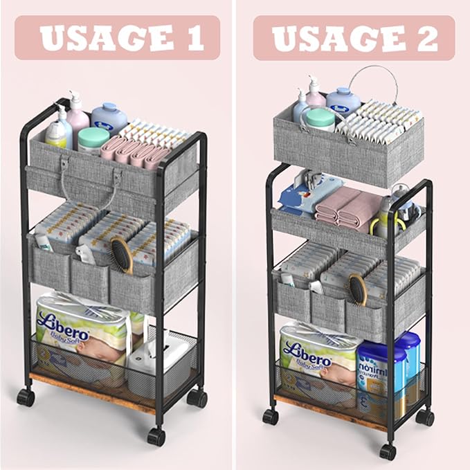 LIDTOP 2In1 Baby Diaper Caddy & 3-Tier Rolling Diaper Cart, Diaper Caddy Organizer Cart with Dividers, Mobile Metal Utility C