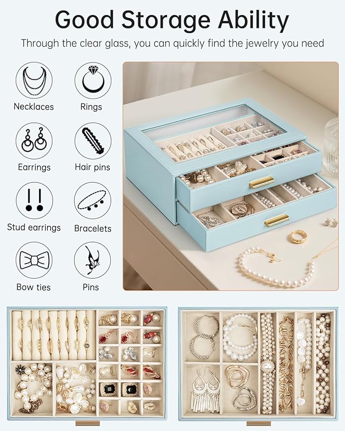 AKOZLIN Jewelry Box with Clear Lid Functional Leather Jewelry Storage Organizer Case 2 Drawers for Women Girls Necklace Ring 