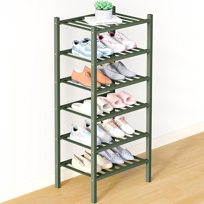 Smiry Bamboo Shoe Rack for Closet, 6 Tier Small Wooden Stackable Shoe Organizer, Free Standing Shoes Storage Shelf for Entryw
