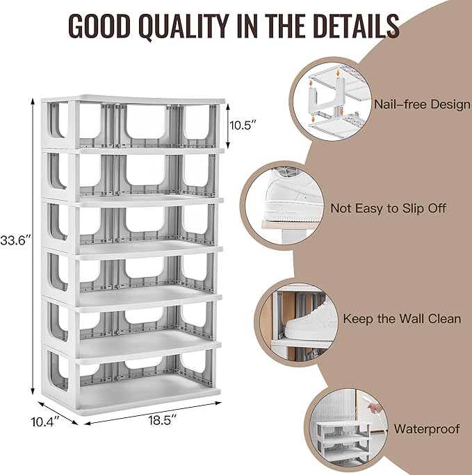 TRZZ 7-Tier Small Shoe Rack, Vertical Narrow Stackable Organizer with Removable Partition, Efficient Shoe Storage for Closet,