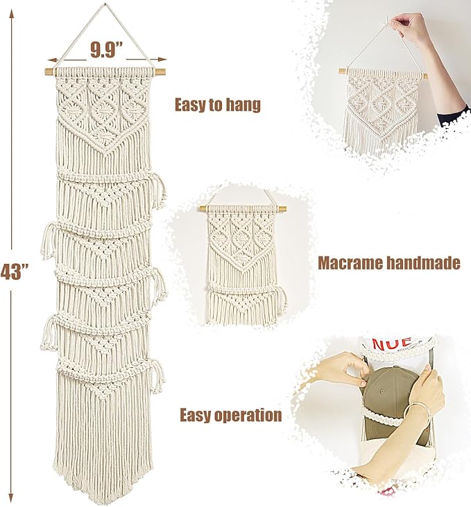 jontell Cap Holder-3 Pack-Hat Organizer for 30 Baseball Caps, Macrame Hat Rack for Wall, Cap Rack for Decoration and Display,
