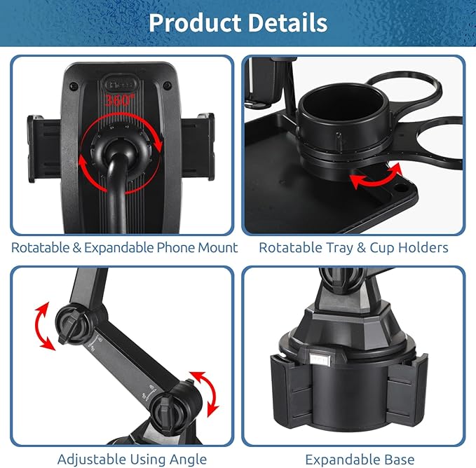 Cup Holder Tray for Car, Car Food Tray with Phone Stand, Car Table Tray, Detachable 360° Rotation, Ideal for Daily use and Road Trip Dining