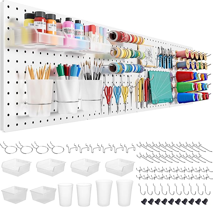 FZK Peg Board, 74PCS Metal Pegboard Wall Organizer Kit. Heavy Duty Pegboard, White Pegboard for Garage Craft Room Workbench O