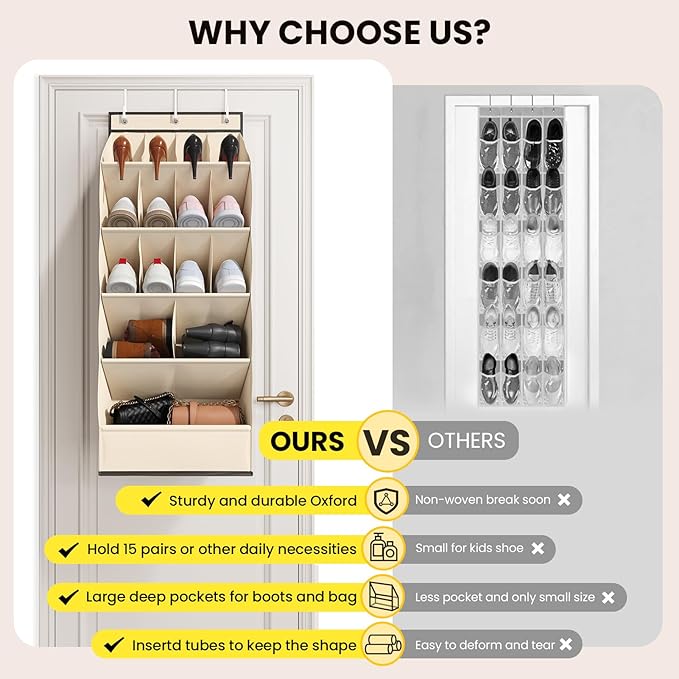 15 Pockets Over the Door Shoe Organizer, Shoe Rack for Closet Door with Large Breathable Pockets, Hanging Shoes Rack for Boot