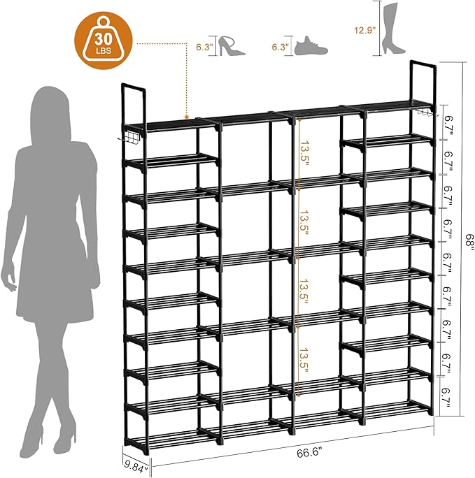 WOWLIVE 4 Row 10 Tiers Extra Large Shoe Rack Big Tall Metal Shoe Shelf, Heavy Duty Organizer for Closet Entryway, Boot Rack S