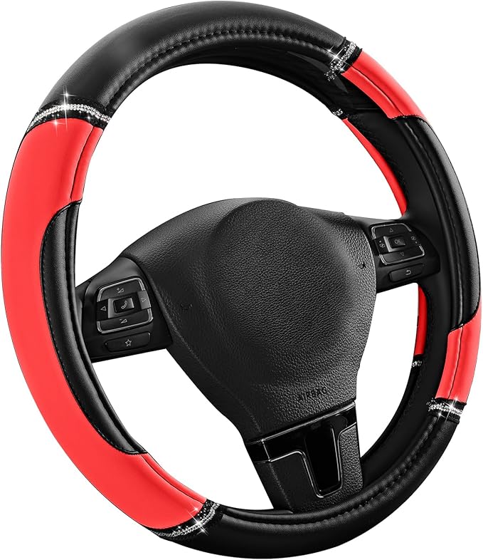 Road Comforts Leather Steering Wheel Cover - Made with PVC Leather - Anti-Slip, Universal Fit 14 1/2 inches to 15 inches - Re
