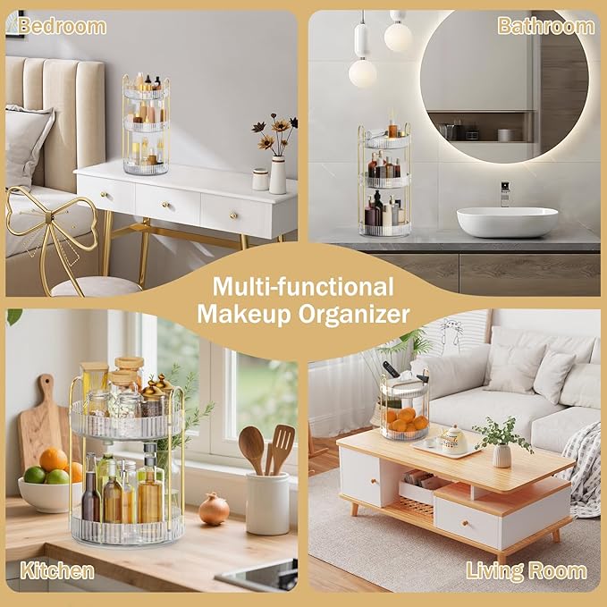 MOKANI 360 Rotating Makeup Organizer for Vanity, 3 Tier Adjustable Perfume Organizer for Dresser, Multi-Function Spinning Cos