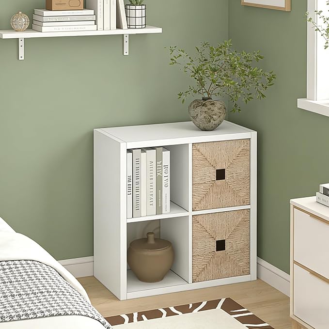 CTESNE【2026 Wooden Thick Frame 4 Cube Storage Organizer Shelf with Anti-Tipping Kits + Reversible Open Back Bookcase, Horizon